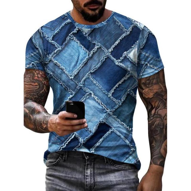 Vintage T-Shirt For Men Patchwork Denim Graphic Tee 3D Printing Short Sleeve Casual T Shirt Oversized Men's Clothing Tops Summer
