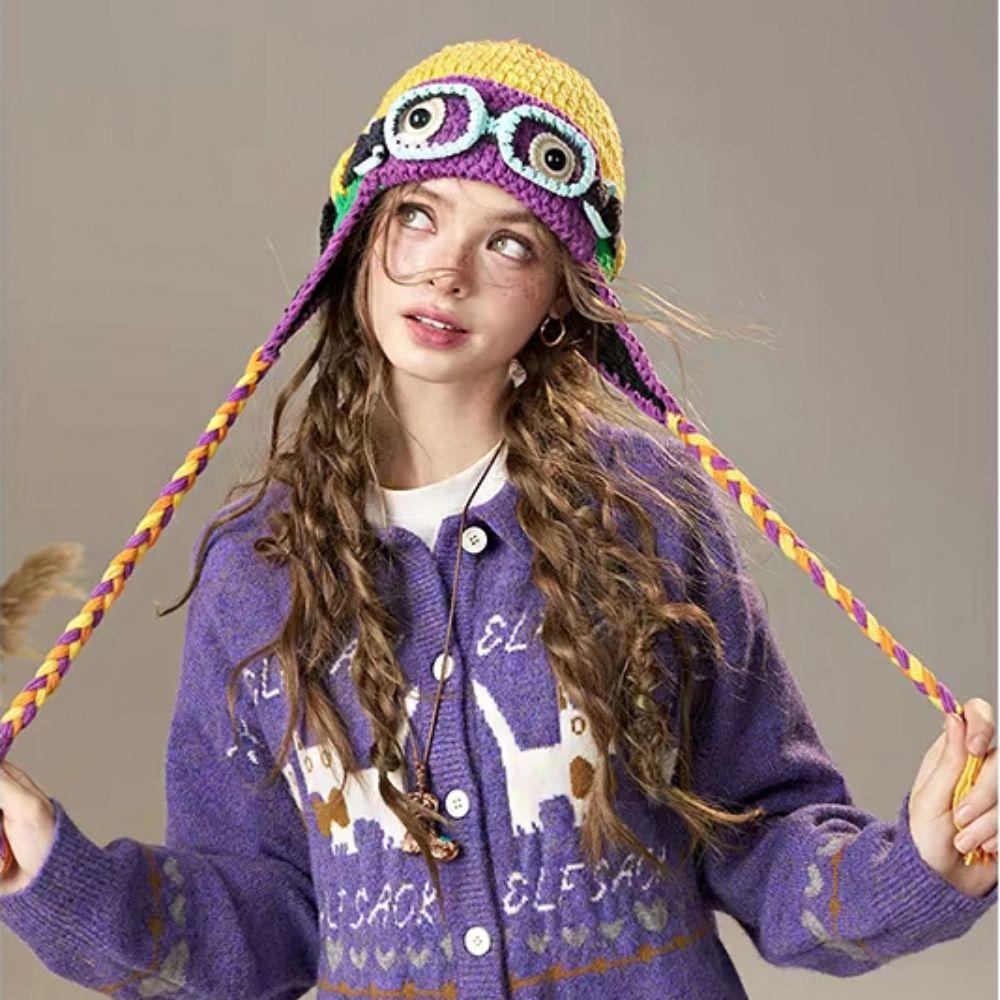 Crocheted Knitted Beanie Windproof Earflap Cap Winter Pilot Hat With Goggles Skiing