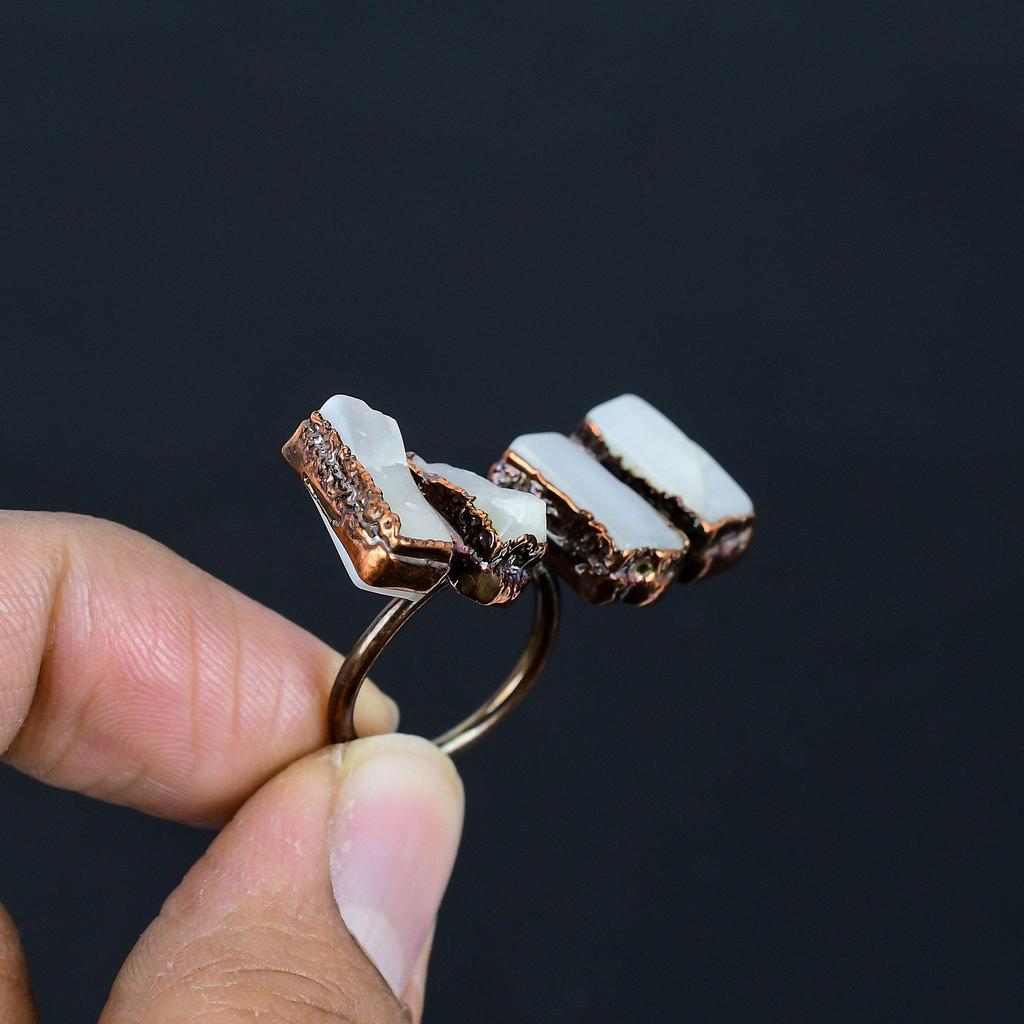 Кольцо из прозрачного кварца ручной работы, кольцо из электроформированной меди, антикварное украшение, регулируемое кольцо, подарок на помолвку