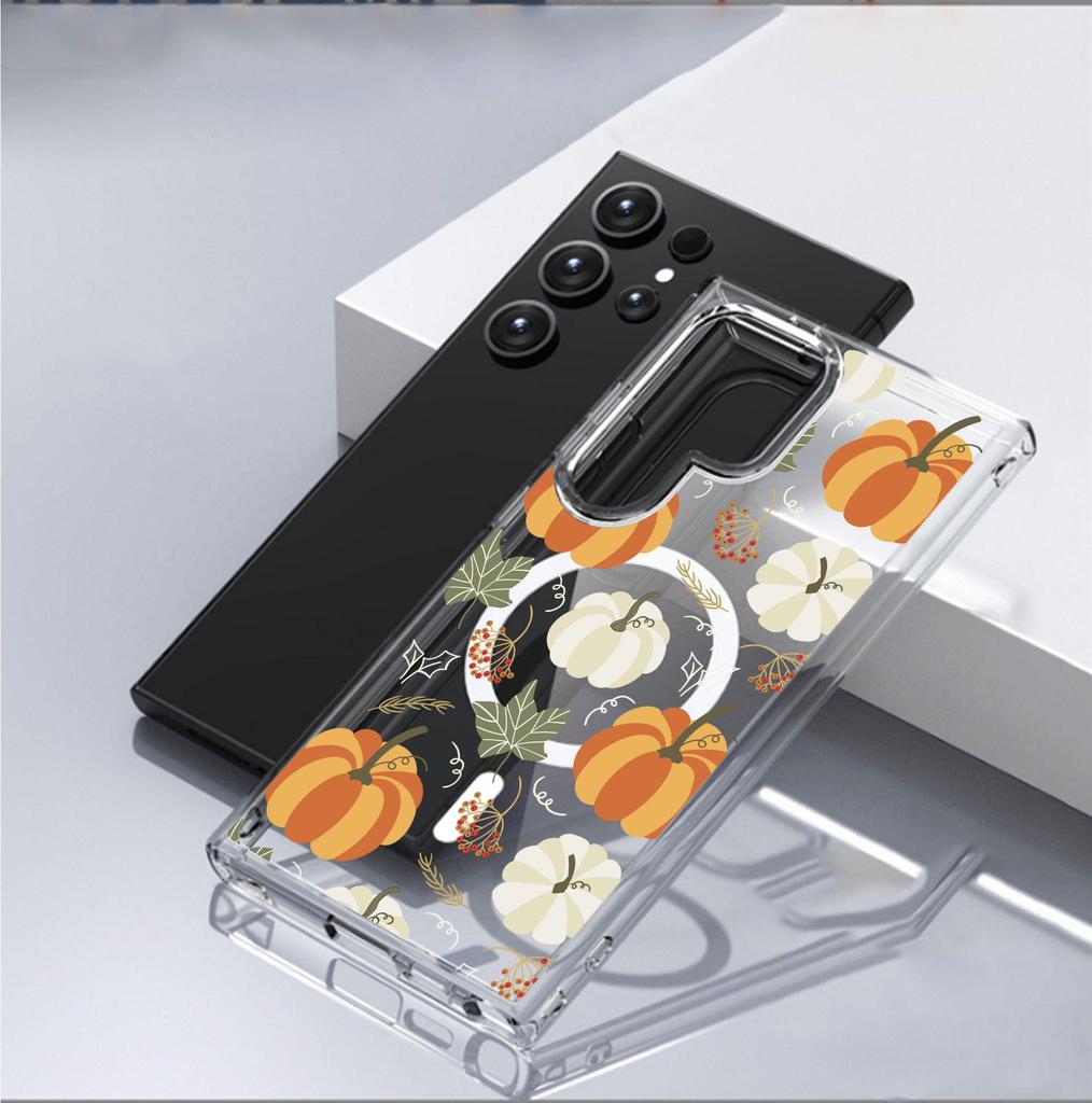 Магнитный чехол для телефона с блоками цвета и тыквой для iPhone 15/16/17 Pro Max - Прозрачный, Полная защита