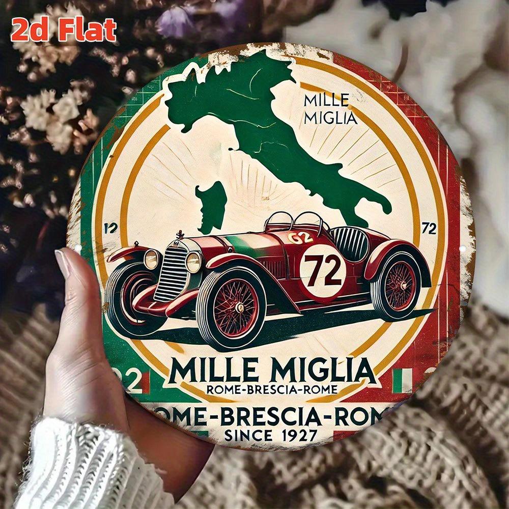 High Definition Metal Tin Sign Mille Miglia Vintage Race Car RomeBresciaRome Round Wall Art Decor for Auto Enthusiasts Ga