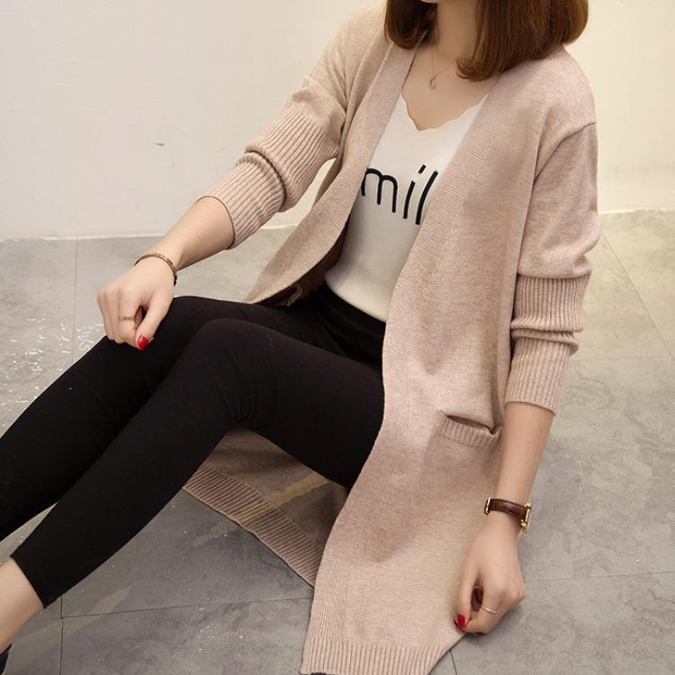Вязаный кардиган средней длины, женский корейский свободный свитер, ленивый стиль, однотонный свитер с длинными рукавами, куртка для осени и зимы