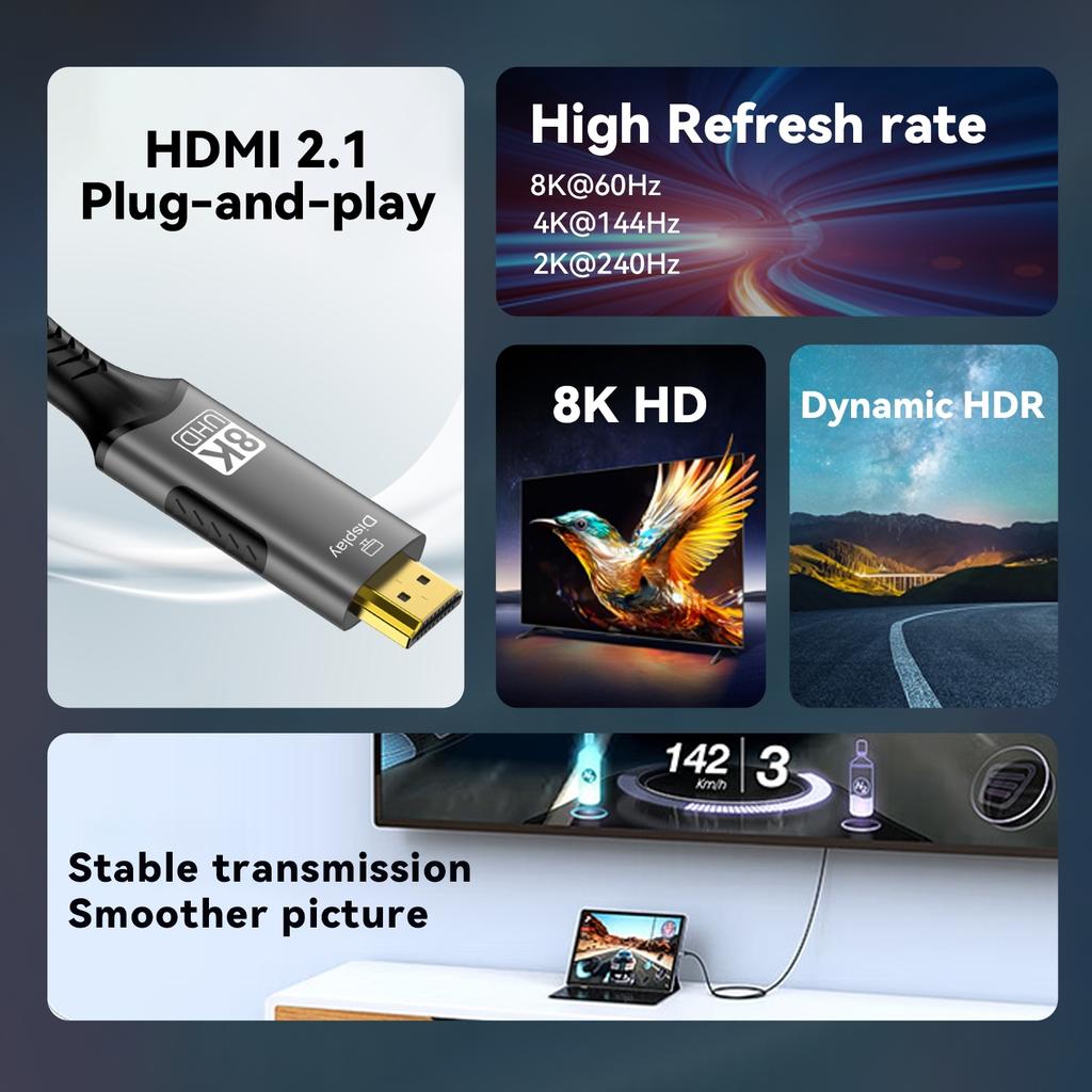 USB C To HDMI Cable 8K@60Hz 4K@120Hz Type C To HDMI-Compatible HDTV Cable for TV Converter MacBook Air iPad USB-C HDMI Adapter