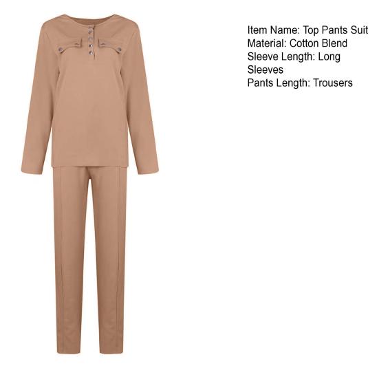 2 шт./комплект женский топ брюки костюм круглый вырез длинный рукав однотонная блузка эластичный пояс облегающие брюки повседневная одежда спортивный наряд