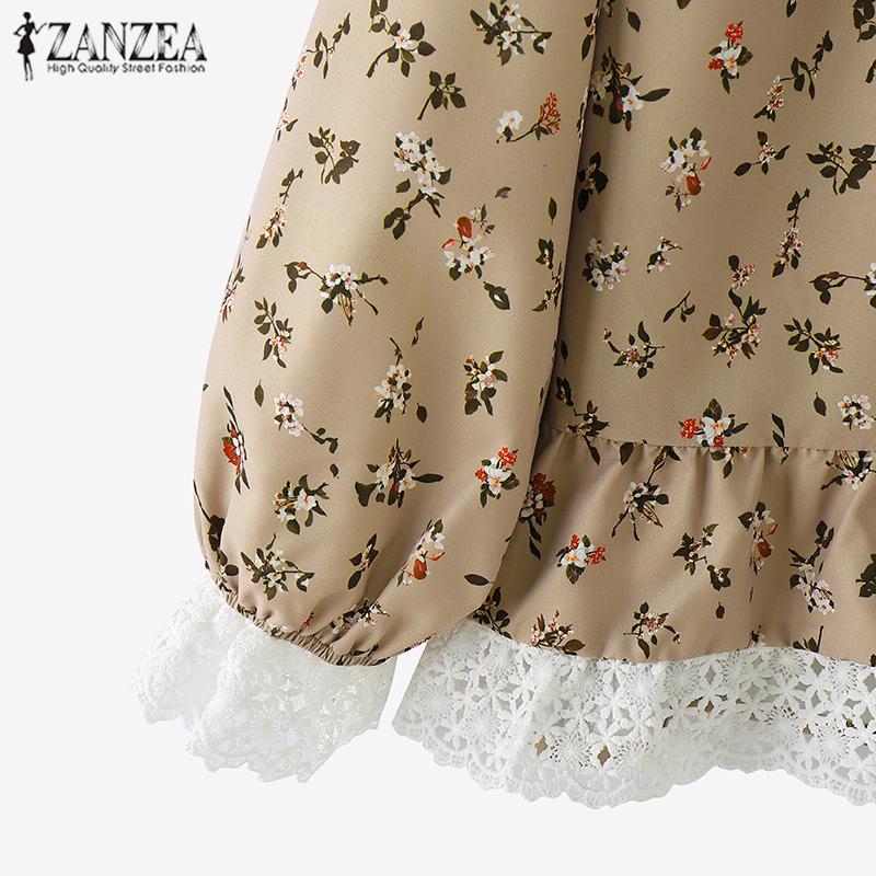 ZANZEA Женские повседневные кружевные блузки с круглым вырезом и цветочным принтом с длинным рукавом