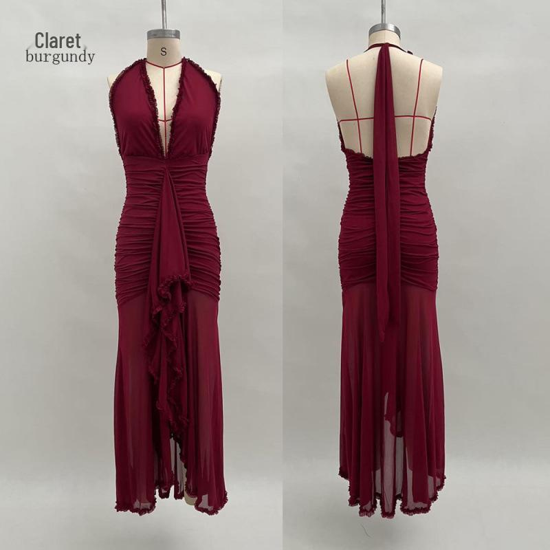 2026 European & American Mesh Patchwork Elegant V-Neck Halter Backless Hip-Hugging Maxi Dress