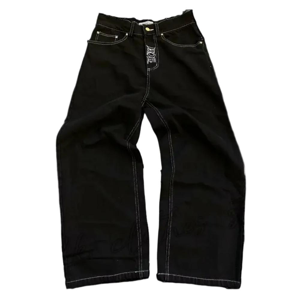 RogueWave Streetwear Джинсы Y2K Ретро Хип-хоп Вышитые Мешковатые Джинсы Ретро Черные Брюки Мужские Женские Новые С Завышенной Талией Широкие Штанины