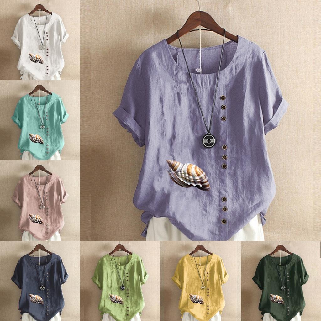 Женская модная футболка с круглым вырезом и коротким рукавом, повседневная хлопковая льняная рубашка с рисунком, свободная летняя блузка с принтом ракушек для отдыха, топы