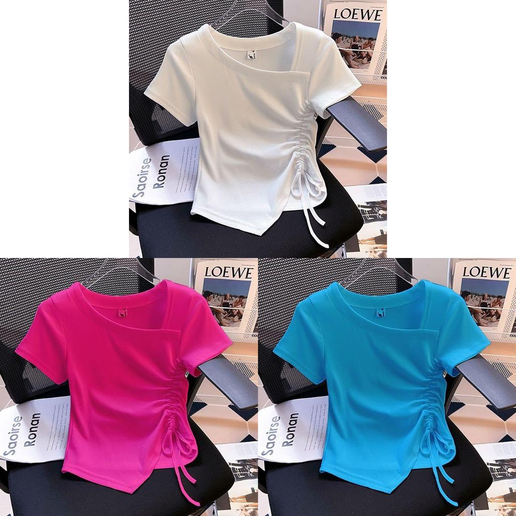 Summer Womens T Shirt With Asymmetric Design And Drawstring For Casual Wear