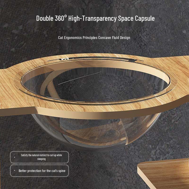 Большая кошачья игровая башня со встроенной кроватью-капсулой, когтеточкой, платформой от пола до потолка и полками.