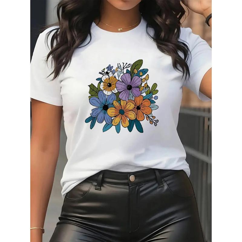 Womens Heart Print Round Neck Short Sleeve Casual Durable Daily Tee