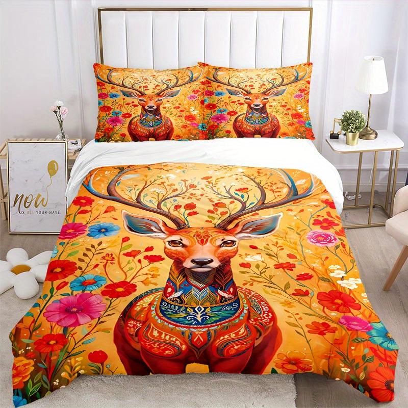 3pcs Animal-themed Deer Flowers Soft and Comfortable Breathability, Bedding Set, Machine Washable, Suitable for All Seasons145