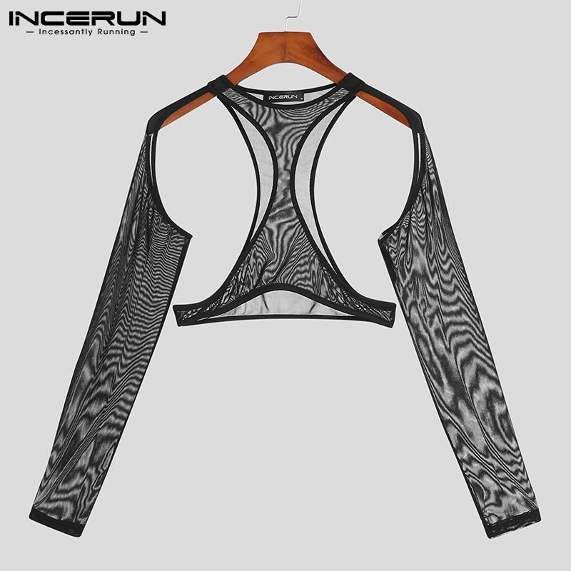 INCERUN Летние прозрачные мужские модные рубашки с длинными рукавами и жилет, комбинезон, трико, облегающие секст-клубные боди, S-5XL