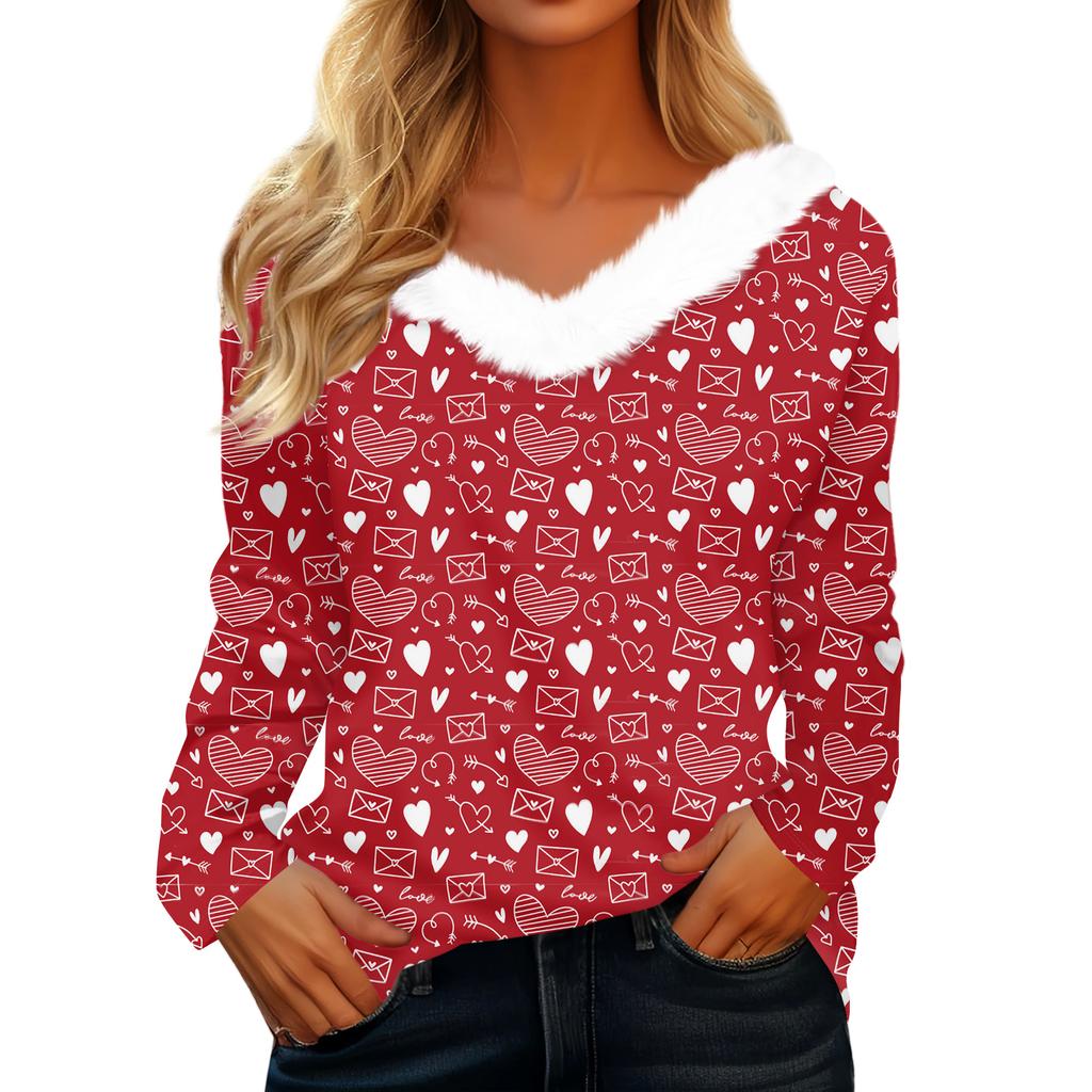 Женская футболка с длинным рукавом с принтом на День святого Валентина, V-образным вырезом, повседневная, свободного кроя
