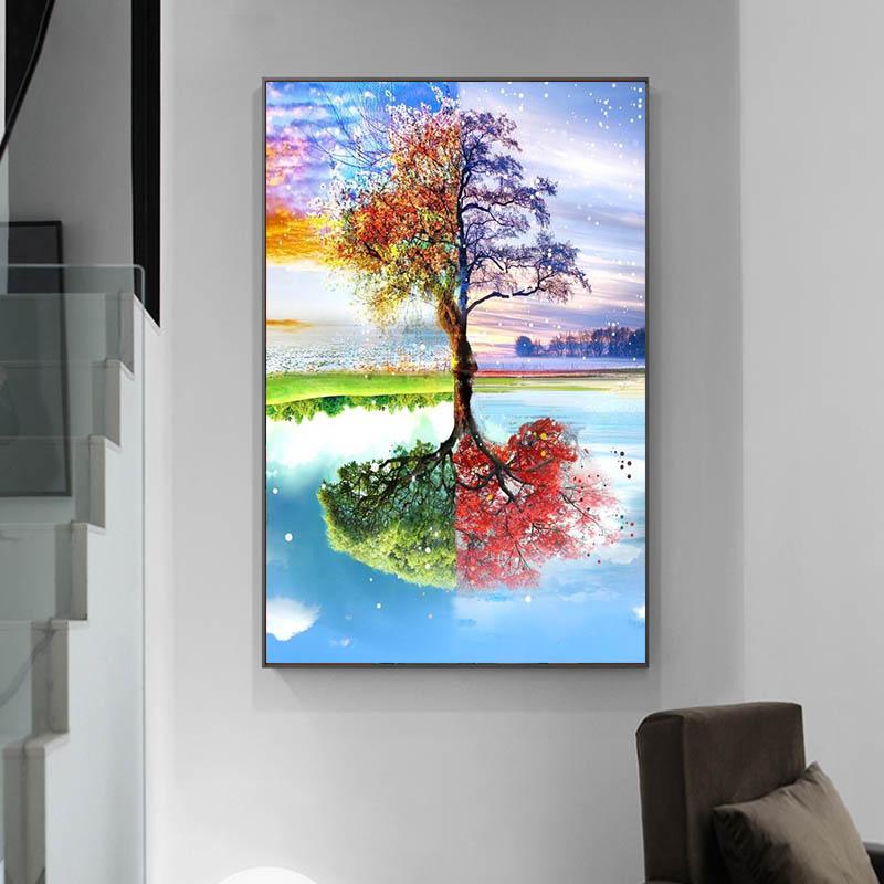 Рамка из цельного дерева Пейзаж Дерево Фэнтези Холст Картины Абстрактная Вышивка Мозаика Художественные Фотографии для Гостиной Домашнего Настенного Художественного Декора