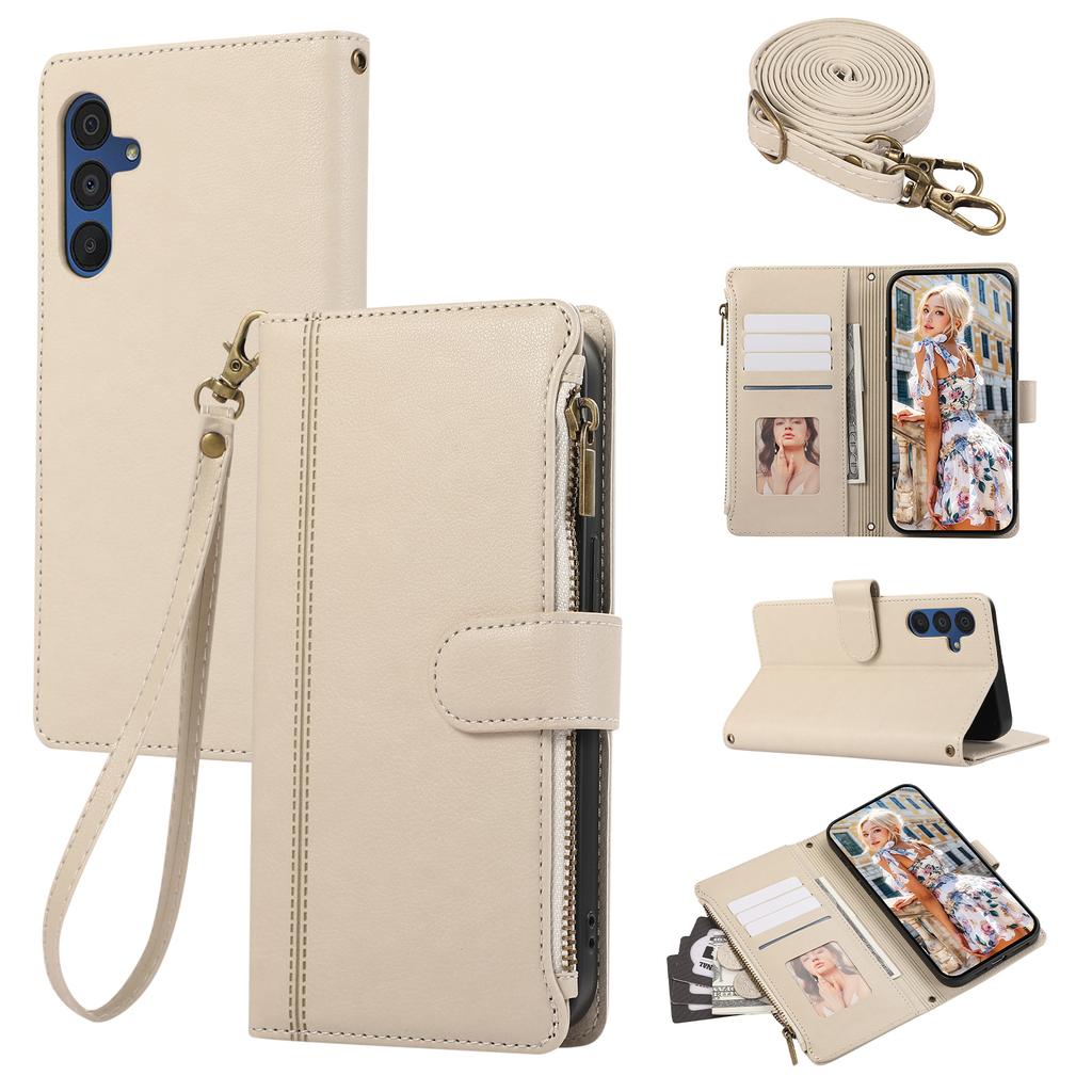 For Samsung Galaxy A16 4G/5G/A26 5G Case Multi Card Slots Zipper Leather Phone Cover with Shoulder Strap/Wrist Strap