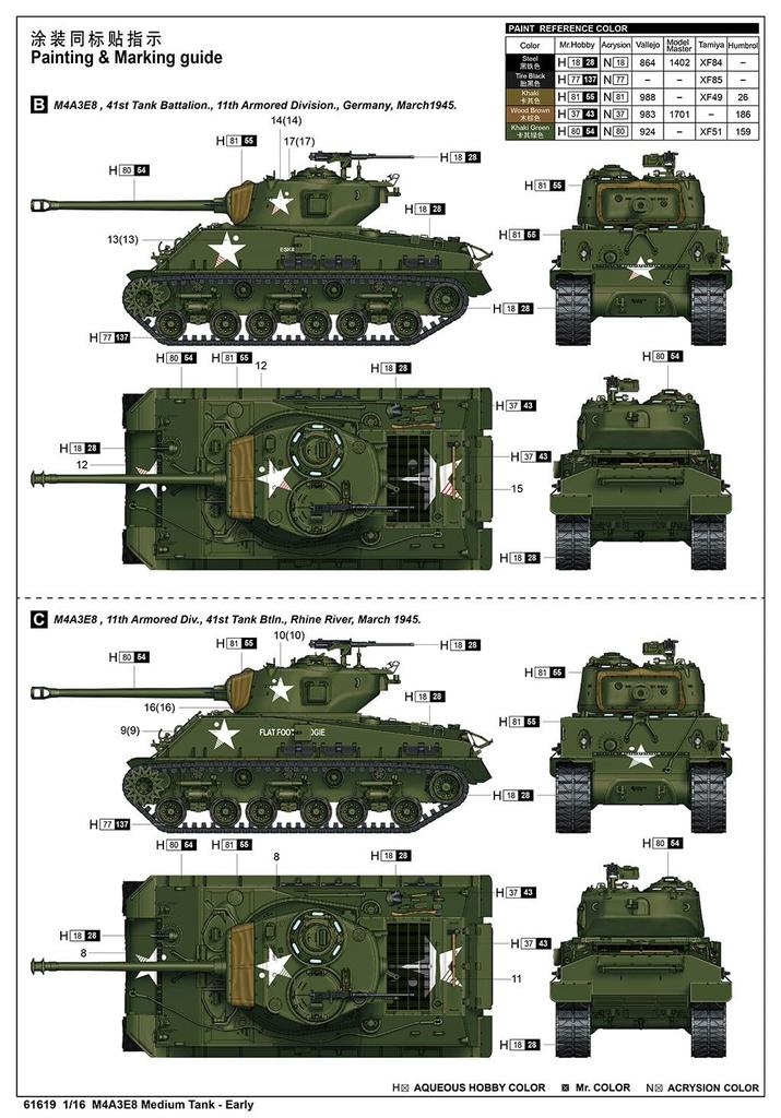 iLoveKit Scale US Army M4A3E8 Sherman Medium Tank Early Model Plastic Model Kit ILK61619 Molded In Color 1/16