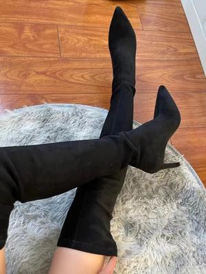 Мода Зимняя Мода Эластичные Облегающие Женские Ботфорты Выше Колена Квадратный Высокий Каблук Ботфорты-чулки до бедра женские botas de inverno feminina