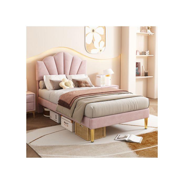 Lit - MUVOE - 90x200 cm - Velours rose - Tête de lit réglable - Sommier à lattes en bois