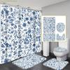 1/3/4 шт. Синяя Цветочная Шторка для Душа Набор для Ванной с Ковриком для Ванной, U-образным Чехлом для Унитаза и Крышкой - Элегантная Темно-синяя и Белая Ванна