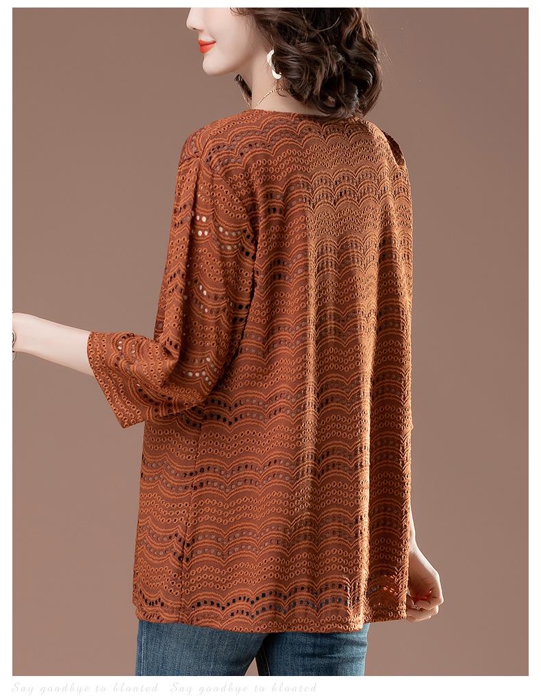 Кружевной топ с рукавом семь восьмых: Летний Большой Размер Свободного Кроя для Женщин Среднего Возраста, Модные Ажурные Рукава Средней Длины