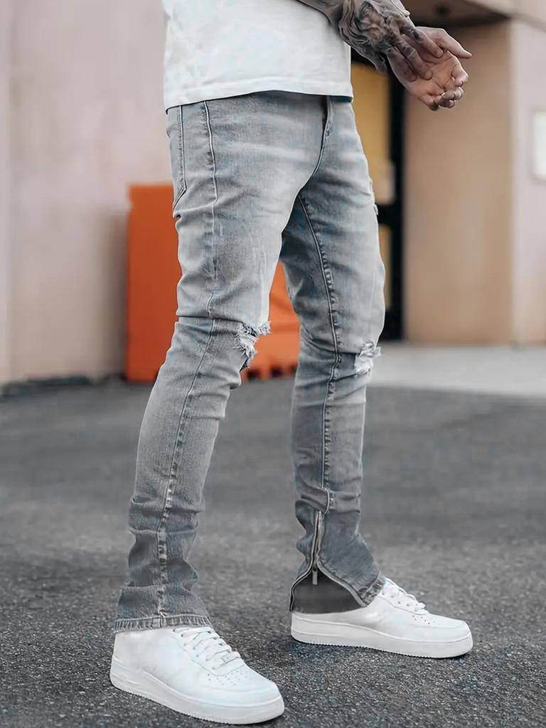 Foot Open Zipper High Quality 4 Color Water Ripped Jeans Men'S Straight Trousers
