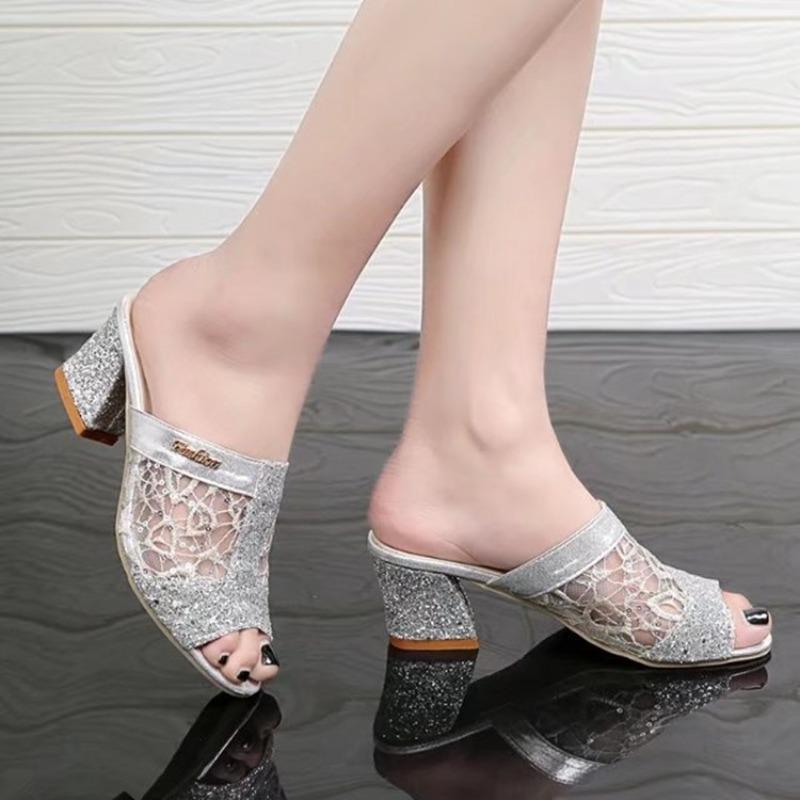 Sandals Women's New Summer Models, Fish Mouth Middle Heel Mesh Thick Heel Sequins Casual Large Size Sandals