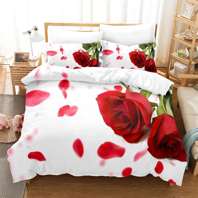 Красный Цветок Полный Размер Пододеяльники Роза Пододеяльник 200X230См Комплект Постельного Белья 3Шт 2Шт 210X210См Кинг Квин Односпальный Двуспальный Кровать