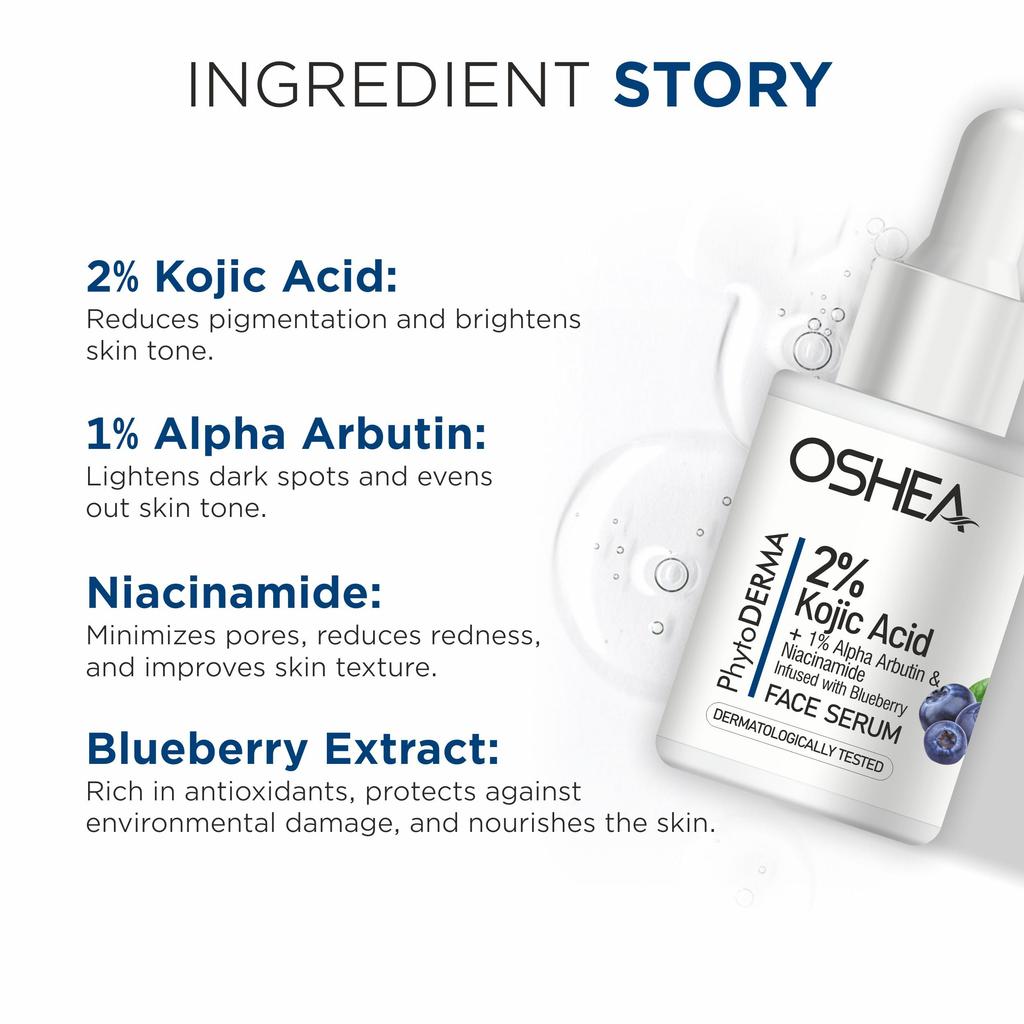 Oshea PhytoDERMA Сыворотка для лица с 2% койевой кислотой, 1% альфа-арбутином, ниацинамидом и экстрактом черники 30 мл | Борется с пигментацией, осветляет темные пятна | Brig