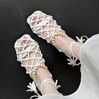 Женские сандалии из овчины на лето, размер 40, на шнуровке до щиколотки, на низком толстом каблуке, в богемном стиле, с открытым носком