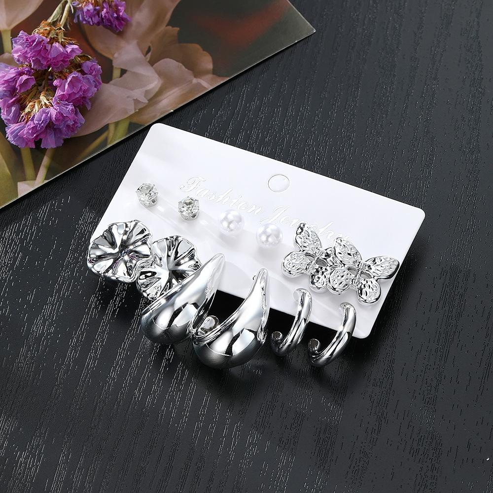 Europe and America Light luxury style butterfly woman C Type Earrings Irregular geometric faux pearl earrings6Set
