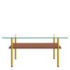 Modern Coffee Table with Glass Top and MDF Shelf, Gold-Colored Metal Frame, Rectangular Sofa Table in Luxury Design, Wood Look-H45/W98/D58 cm