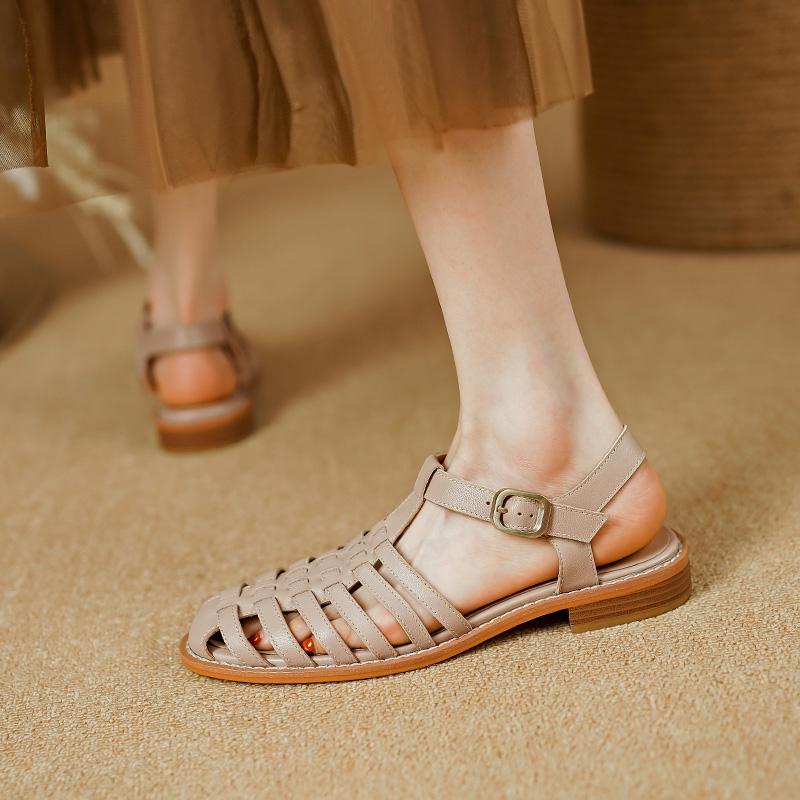 Женские босоножки из натуральной кожи с открытым носком и низким каблуком, летняя женская обувь 2024 года, женская обувь с открытым носком и открытым носком, сандалии-лодочки
