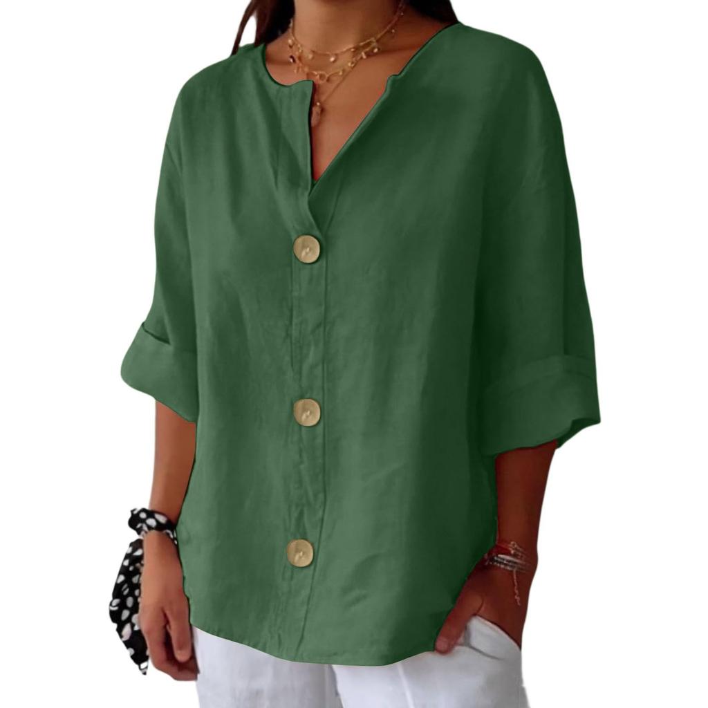 Women's Fashion Casual V-Neck Buttoned Seven Sleeve Cotton Linen Top