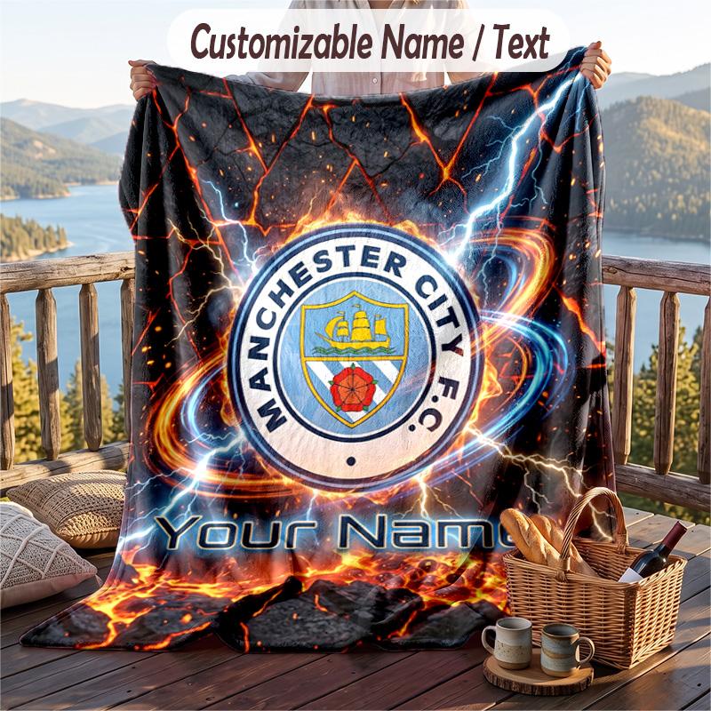Flannel Blanket Manchester City Print Custom Name Text Soft Throw for Sofa Bed