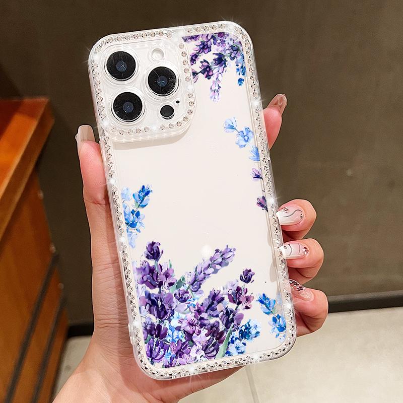 Прозрачный мягкий силиконовый чехол с цветочным узором для iPhone 16E 16 Pro Max 15 Pro 14 13 12 11, противоударный прозрачный чехол для телефона с алмазной рамкой