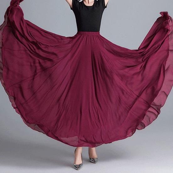 Женская танцевальная юбка, газовая шифоновая юбка, однотонная, с эластичной талией, многослойная, с большим струящимся подолом