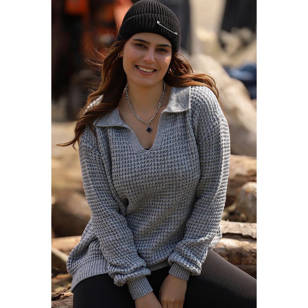 V Polo Neck Thessaloniki Rice Knitted Long Sleeve Comfortable Fit Winter Thick Knitwear Knitted Sweater