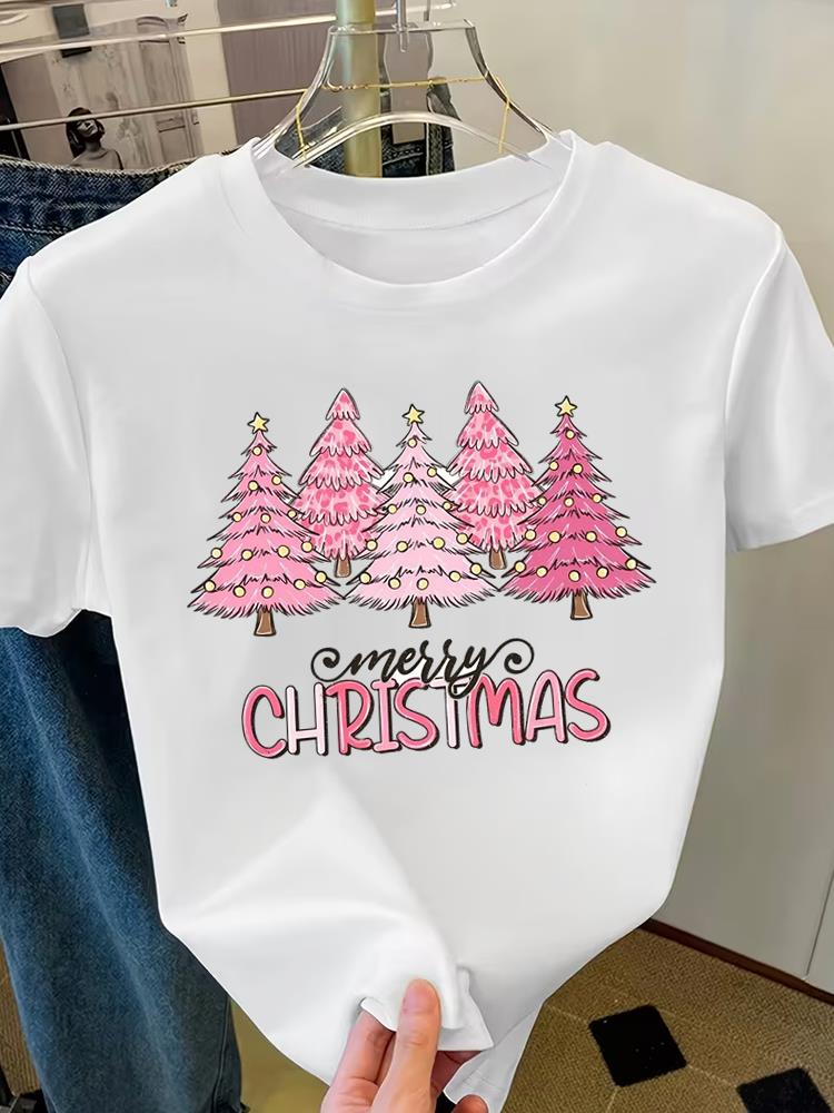 (Asian Size) Merry Christmas Fashion Short Sleeve T-shirts plaid tree 90s Women's Top O-neck T Shirt Print Casual New Year Clothing Graphic Tee
