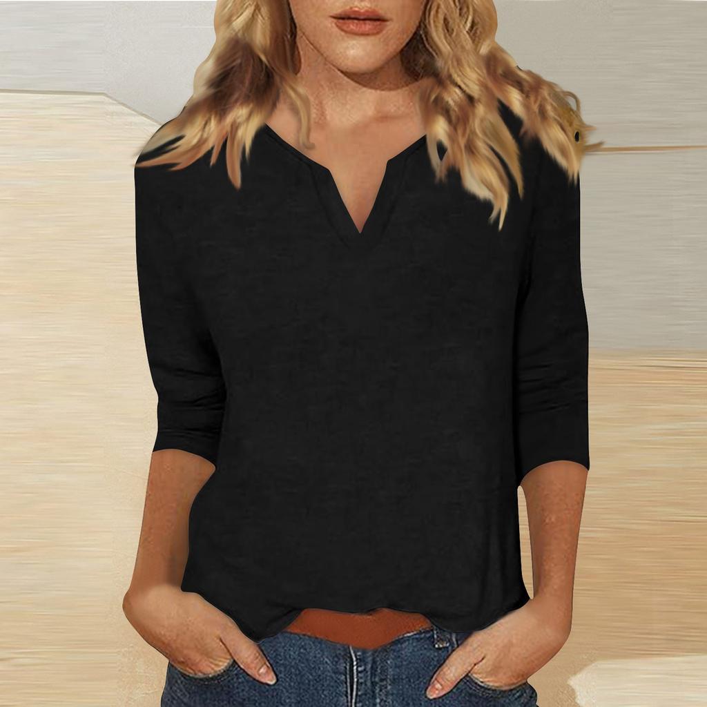 Женский однотонный топ с круглым вырезом и рукавами 3/4 V+