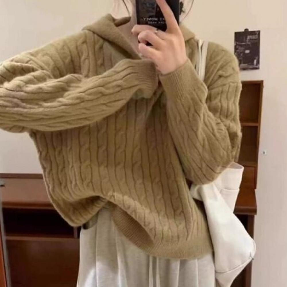 Navava Casual Cable Knit Long Sleeve Hooded Sweater Nk2419