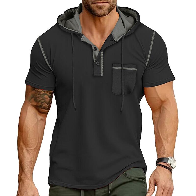 Men's Color Block Trim Hooded Henley Short Sleeve T-Shirt
