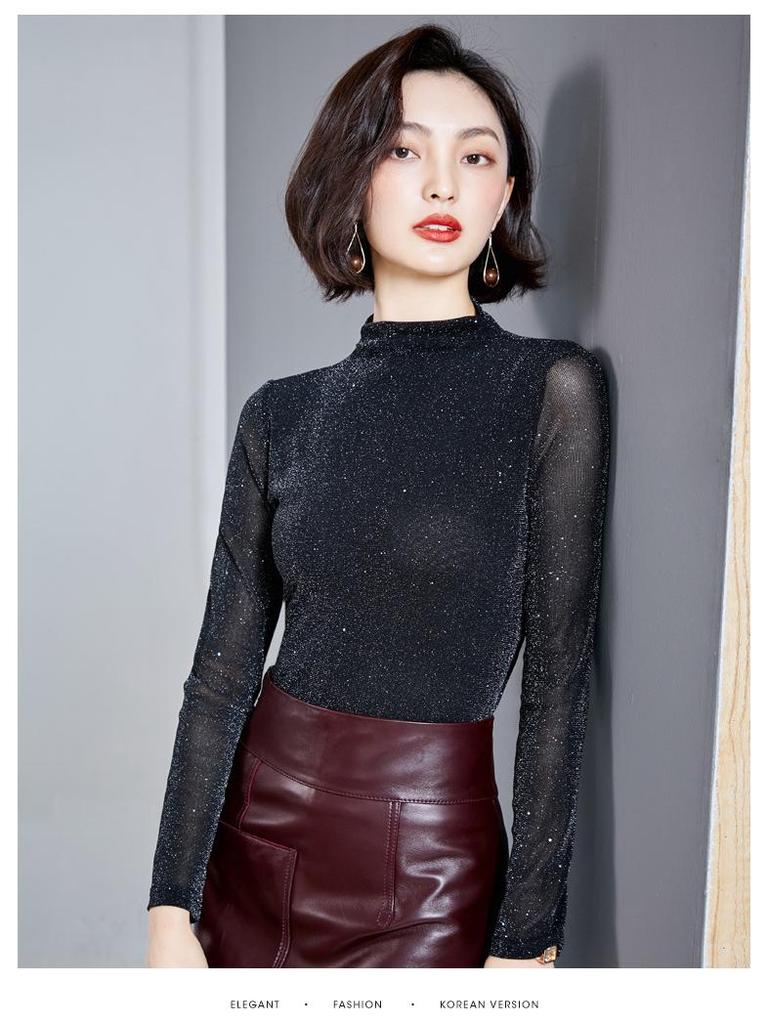 Women's Shiny Silk Mesh Long Sleeve High Collar Shirt for Autumn/Winter