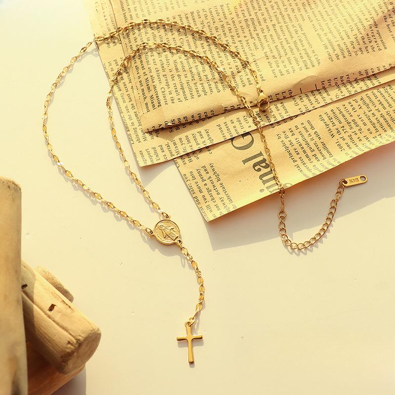 Vintage Geometric Portrait Cross Pendant Necklace Titanium Steel Personality Temperament Versatile Collarbone Chain Jewelry