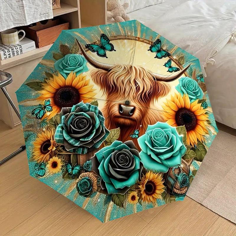 1pc Highland Cow Floral Mandala Umbrella with Plastic Handle,Suitable for All Seasons Home Travel Outdoor UmbrellaDD1146