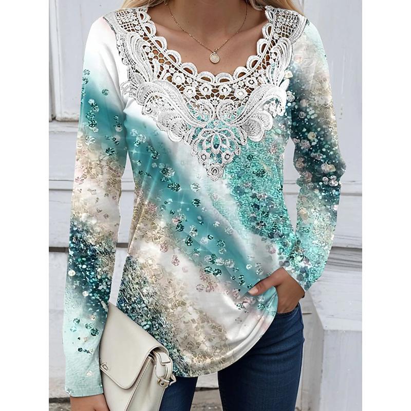 Women's T-Shirts Casual Round Neck Long Sleeved Tops Autumn Pullover Printed Multi-color Women's T-shirt with Lace Stitching