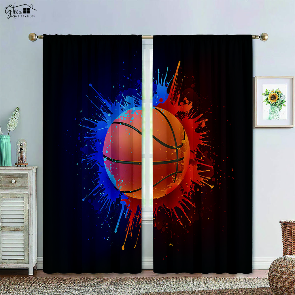 Basketball Football in Water and Fire Black Printed Curtain Rod Pocket Design Machine Washable Bedchamber Living Area Decorative Curtains