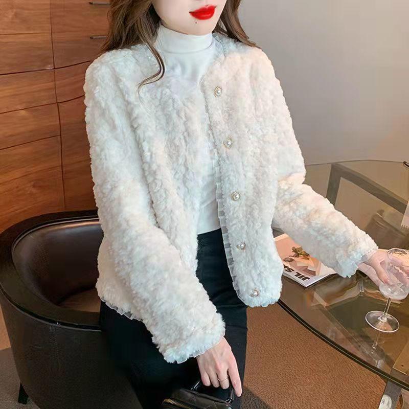 Искусственная овечья шерсть, небольшое ароматное пальто, женское, осенне-зимнее, утолщенное, новое, корейское, кружевное, с отделкой из бисера