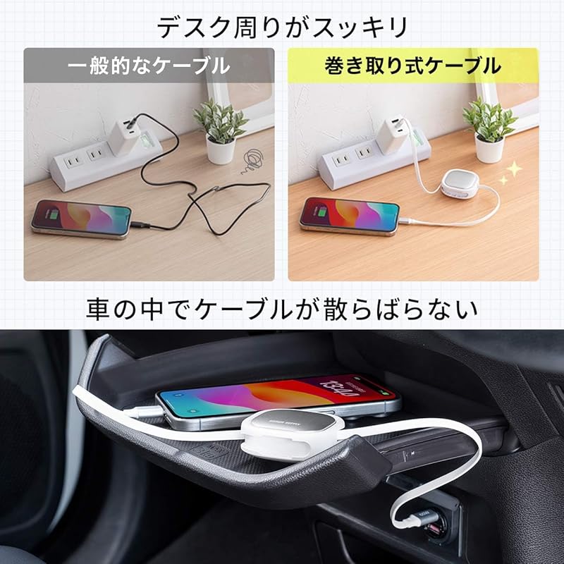 Sanwa Direct Retractable Charging Cable USB-C PD60W Fast Charging 1.2m Data Transfer Both Pulls Reel Type Charging Compact Black 500-USB086BK