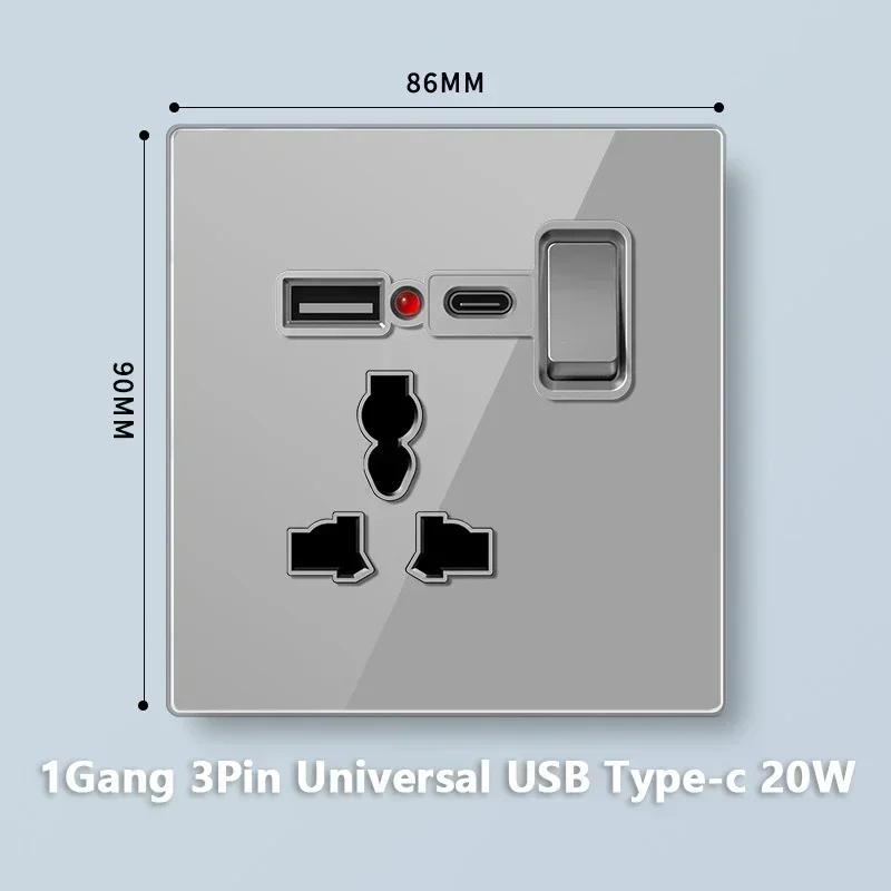 Universal Tempered Glass Dual 3 Pin Power outlet,UK 13A Wall Plug Socket with 20W Fast charge,Home Electrical 2way Light Switch